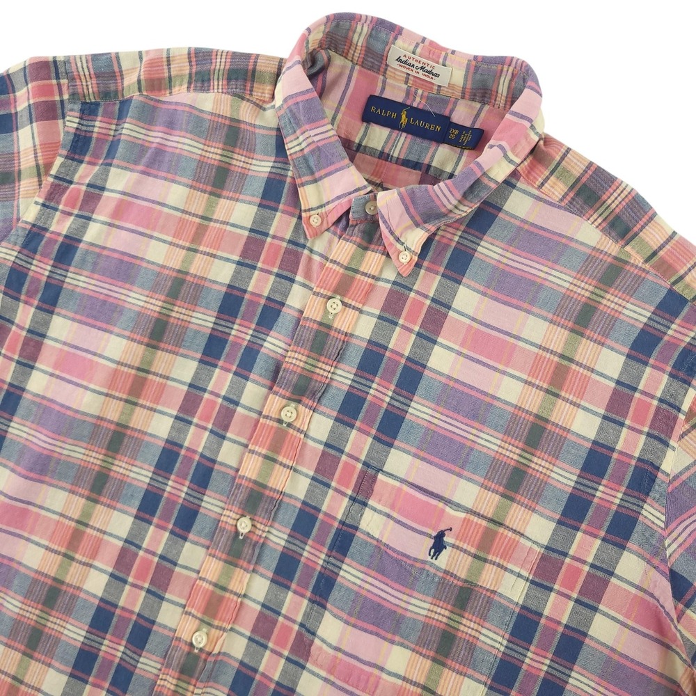 Ralph Lauren Shirt Mens Big 2X Multicolor Plaid Indian Madras Short Sleeve